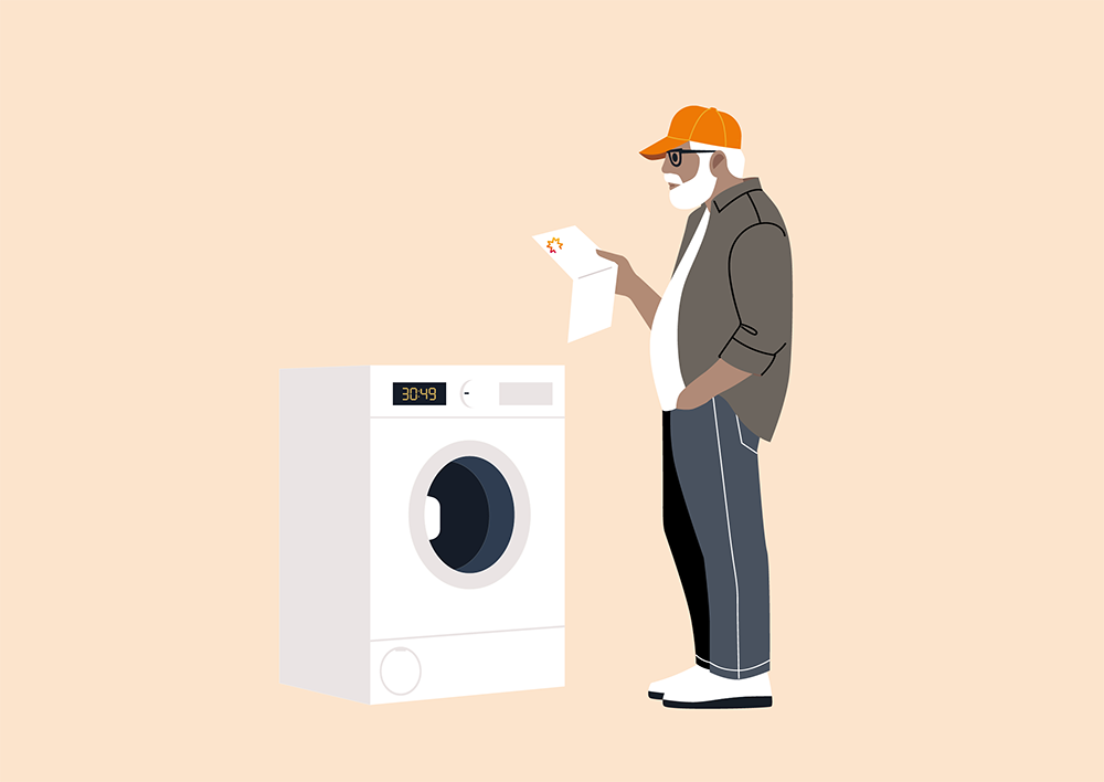 Illustration av en man som läser ett papper från Gävle Energi bredvid en tvättmaskin.