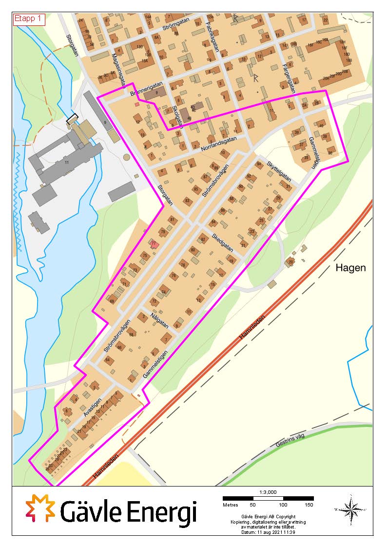 Karta med markeringar för etapp 1 i Strömsbro.