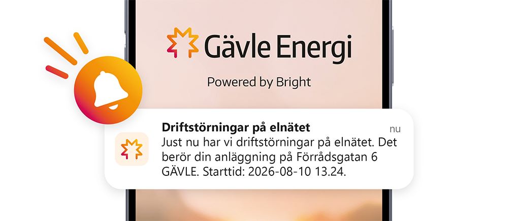 Illustration som visar ett pushmeddelande över en telefon. Pushmeddelandet visar ett driftavbrott på elnätet.