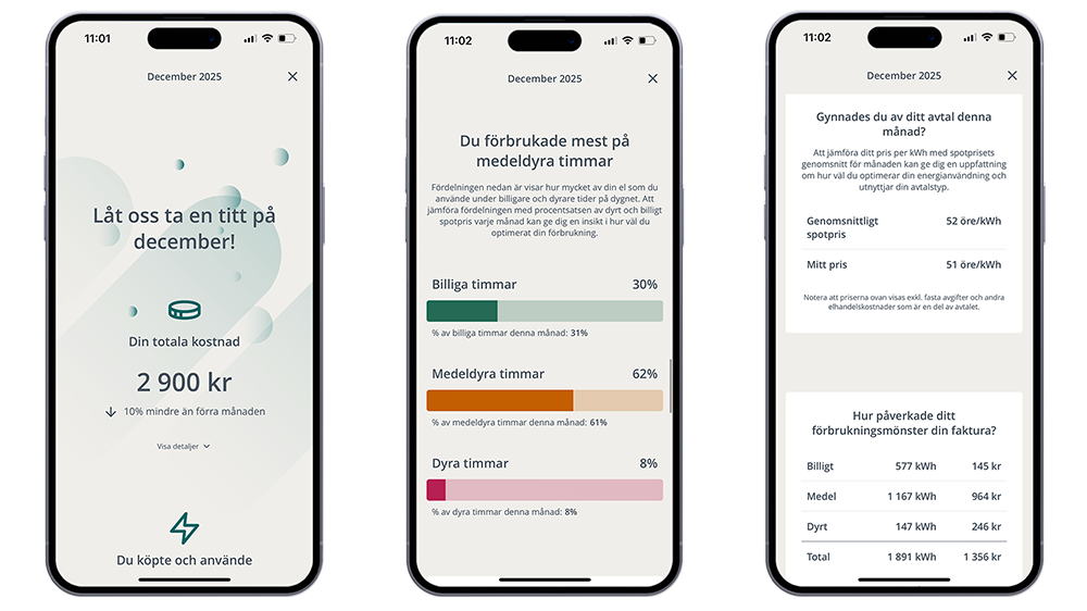 Tre telefoner på rad som visar vyer från månadsrapporten i appen.
